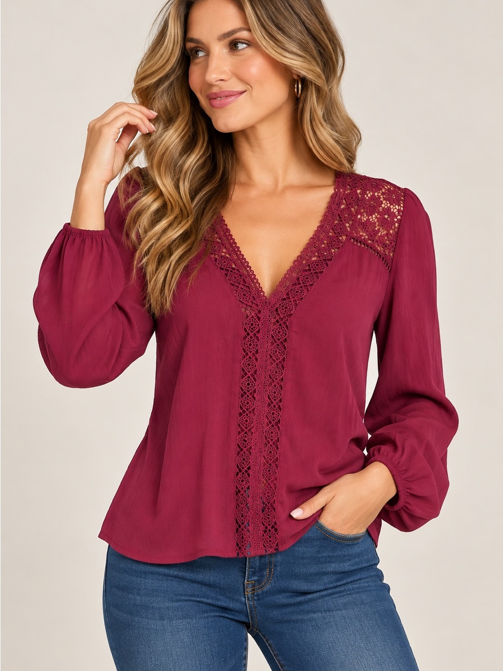Charlotte Russe Small Burgundy Crochet Lace V Neck Blouse Boho Long Sleeve